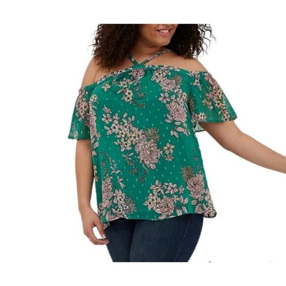 Torrid Womens Plus Size 2 Cold Shoulder Halter Top Crinkle Chiffon Floral Green - Picture 2 of 7